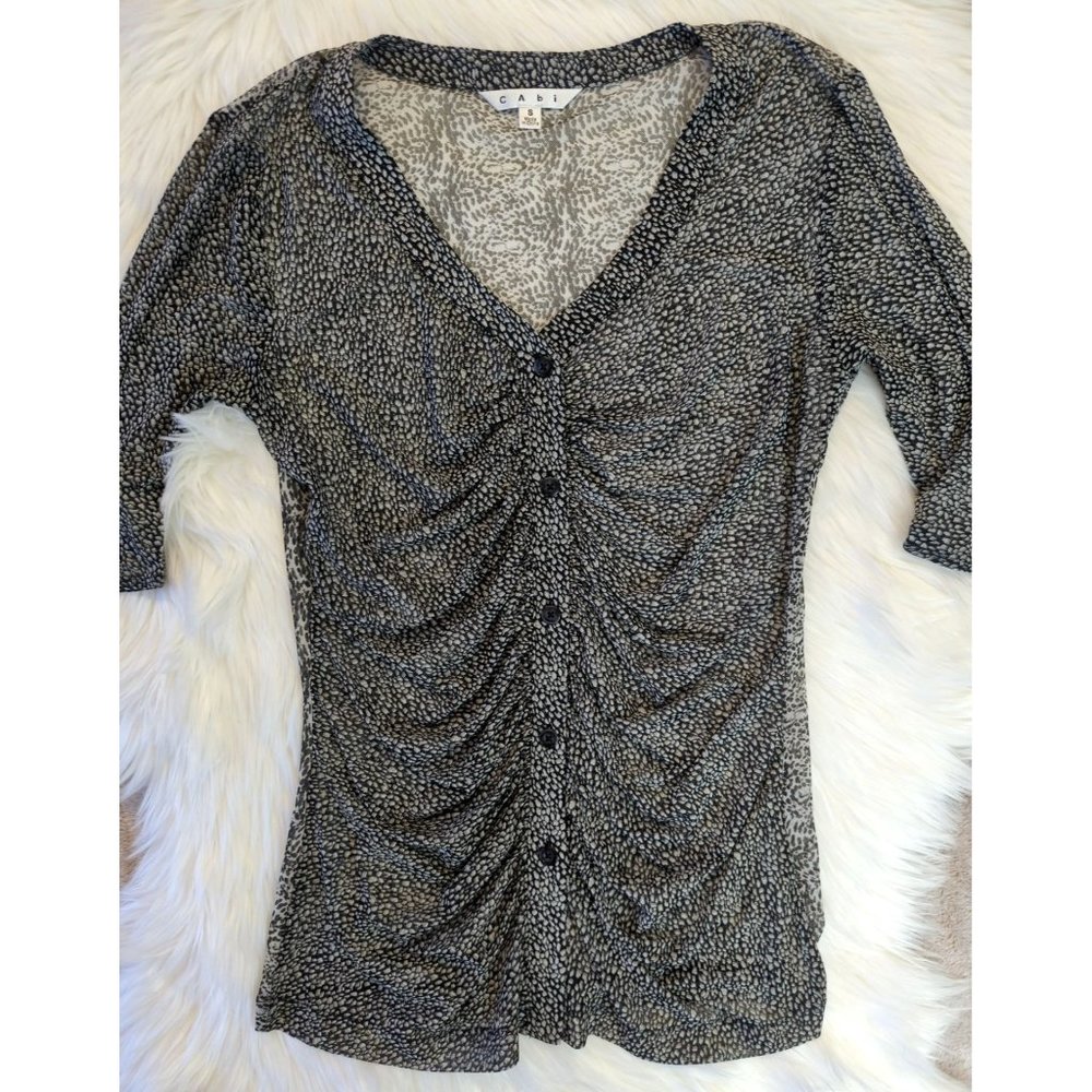 Cabi Womens Gathered Placket Sheer Top Blouse Pebble Print Black Gray Size S